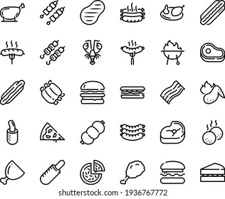 Food line icon set - pizza piece, burger, meat, hot dog, sandwich, fried chiken leg, french, kebab, lobster, sausages, sausage on fork, ham, chicken, ribs, roasted, steak, sowbelly, meatballs, bbq