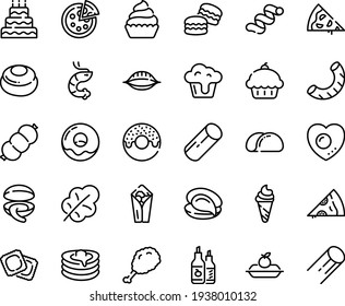 Food line icon set - pizza piece, cupcake, burito, donut, fried chiken leg, ice cream, clam, oyster, shrimp, ravioli, ketchup, charlotte cake, pancakes, sausage, love egg, big, macarons, tacos bread