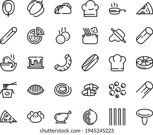 Food line icon set - pizza piece, chief hat, tacos, dim sum, octopus soup, chinese pasta, sashimi, dough and rolling pin, in pan, sausage, chicken leg, meatballs, chef, pancake, bell pepper, onion