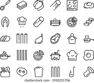 Food line icon set - pizza, chef hat, pasta in pan, salami, julienne, roasted sausages, fish steak, whisk, apron, ladle, stove top view, cooking, omelette, bread piece, bell pepper, garlic, bucatini