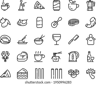 Food line icon set - pizza piece, green tea, rice bowl, chinese pasta, oyster, sushi roll, lobster, knife, coffee pot, wine, steak, glass, butter, cup, meat, chicken, hot wing, apron, kettle, chef