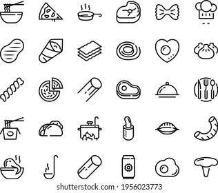 Food line icon set - pizza piece, meat, tacos, dim sum, octopus soup, chinese pasta, funchose, temaki, chef hat, french hot dog, steak, pan, dish dome, fork spoon knife plate, ladle, cooking
