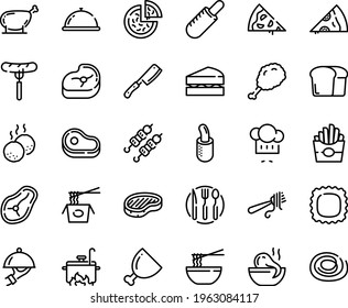 Food line icon set - pizza piece, dish dome, meat, french fries, sausage on fork, fried chiken leg, hot dog, octopus soup, chinese pasta, funchose, kebab, chef hat, with, steak, ham, chicken, bread