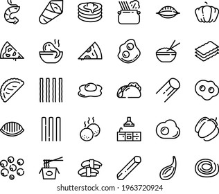 Food line icon set - pizza piece, tacos, rice bowl, octopus soup, chinese pasta, sashimi, shrimp, temaki, calsone, in pan, omelette, pancakes, meatballs, kitchen, pumpkin, bell pepper, cardamon