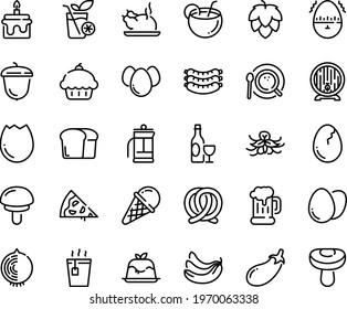 Food line icon set - pizza piece, cupcake, hot tea, chinese chicken, panna cotta, ice cream, wine, sausages, beer mug, pretzel, barrel, acorn, coffee top view, egg, broaken, eggs, timer, smoothies