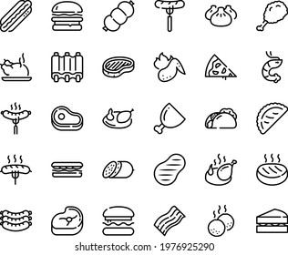 Food line icon set - pizza piece, burger, meat, sandwich, tacos, sausage on fork, fried chiken leg, dim sum, chinese chicken, shrimp, calsone, salami, sausages, hot dog, steak, ham, cutlet, sowbelly