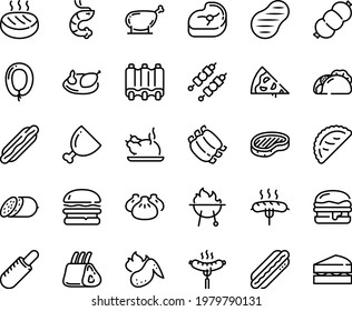 Food line icon set - pizza piece, hot dog, burger, tacos, french, dim sum, chinese chicken, shrimp, calsone, salami, sausage on fork, steak, ham, meat, ribs, kebab, cutlet, leg, bbq, wing, sanwich