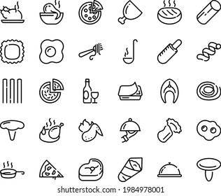 Food line icon set - pizza piece, dish dome, french hot dog, octopus soup, chinese chicken, temaki, fork with pasta, wine, pate can, fried, ham, meat, fish steak, cutlet, wing, pan, ladle, omelette