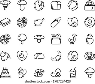 Food line icon set - pizza, french hot dog, sashimi, gunkan, pasta in pan, donut, croissant, cocktail, goose, chicken leg, wing, eggs yolk, chick egg, love, bread, big cake, tacos, cabbage, lasagne