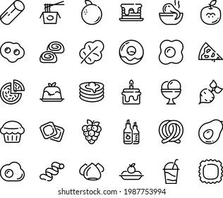 Food line icon set - pizza piece, octopus soup, chinese pasta, panna cotta, ravioli, pretzel, ketchup, donut, charlotte cake, ice cream, cocktail, meringue, bakery, pancakes, omelette, muffin, beet