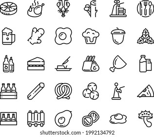 Food line icon set - pizza piece, lobster, pretzel, ketchup, acorn, fried chicken, butter knife, milk bootle and pack, ham, ribs, fork spoon plate, omelette, cupcake, sanwich, cookies, beer, box