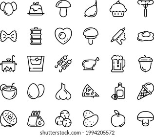 Food line icon set - pizza piece, cupcake, beer, sausage on fork, kebab, lemoncello, panna cotta, ice cream, acorn, chicken leg, ribs, rolling pin, cooking, egg, eggs, love, omelette, whiskey, keg