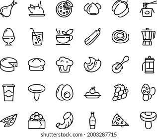 Food line icon set - pizza piece, chinese pasta, chicken, gunkan, roll knife, coffee pot, bread, charlotte cake, cheese, meringue, to go, egg stand, eggs yolk, french press, green tea, soda glass