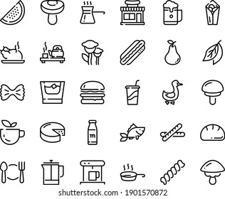 Food line icon set - plate spoon fork, green tea, burger, cafe shop, burito, drink to go, ceremony, chinese chicken, hot dog, cheese, goose, coffe maker, french press, fish, pan, turkish coffee, cep