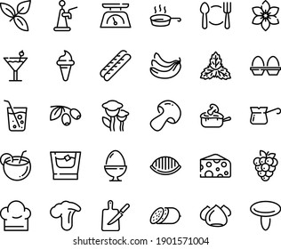 Food Line Icon Set - Plate Spoon Fork, Ice Cream Horn, Cheese, Basil, Olives, Salami, Baguette, Meringue, Julienne, Turkish Coffee, Chef Hat, Pan, Knife Board, Kitchen Scales, Egg Stand, Cocktail