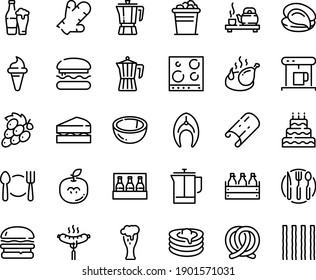 Food line icon set - plate spoon fork, burger, ice cream horn, tea ceremony, oyster, coffee pot, sausage on, pretzel, beer box, glass, fried chicken, pancakes, coffe maker, french press, fish steak