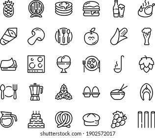 Food line icon set - plate spoon fork, rice bowl, temaki, coffee pot, bread, pretzel, burger, beer barrel, pate can, glass, fried chicken, ice cream, cheese, pancakes, fish steak, knife, ladle, hop