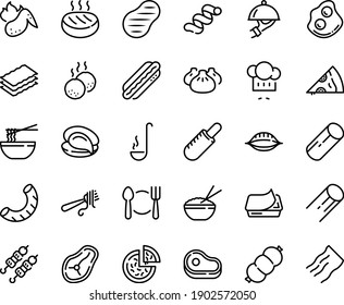 Food line icon set - plate spoon fork, meat, pizza, piece, french hot dog, rice bowl, dim sum, funchose, oyster, kebab, chef hat, with pasta, omelette, pate can, dish dome, sausage, cutlet, steak