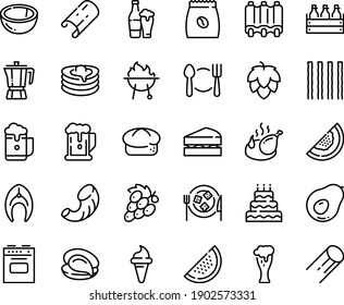 Food line icon set - plate spoon fork, beer, ice cream horn, oyster, coffee pot, bread, box, glass, fried chicken, cheese, pancakes, pack, fish steak, bbq, ribs, stove, sanwich, big cake, hop, foam