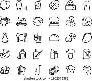Food line icon set - plate spoon fork, burger, hot tea, ceremony, sashimi, rice vodka, gunkan, chef hat, lemoncello, beer mug, spike, cheese, cocktail, coffee pot, milk bootle and pack, knife board
