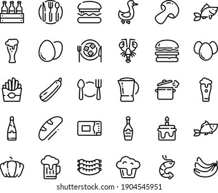 Food line icon set - plate spoon fork, burger, french fries, fish, shrimp, lobster, sausages, beer glass, champagne, cheese, goose, coffee pot, cooking pan, knife, microwave oven, egg, eggs, bread