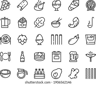 Food line icon set - plate spoon fork, beer, french fries, rice bowl, temaki, sausage on, barrel, fried chicken, ice cream, cheese, pancakes, press, ladle, stove, egg stand, coffee pot, champagne