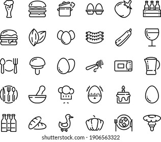 Food line icon set - plate spoon fork, bread, burger, chef hat, with pasta, sausages, beer glass, wine, cheese, goose, coffee pot, cooking pan, knife, microwave oven, egg, stand, eggs, timer, cake