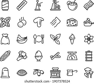 Food line icon set - plate spoon fork, hot dog, cafe shop, ice cream horn, cheese, basil, olives, baguette, julienne, turkish coffee, sowbelly, meatballs, kitchen scales, egg stand, soda, flour bag