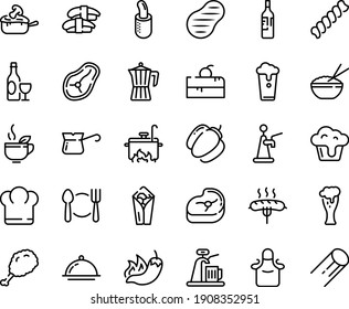 Food line icon set - plate spoon fork, cherry cake piece, chief hat, burito, hot pepper, fried chiken leg, rice bowl, sashimi, green tea, wine, beer glass, french dog, julienne, coffee pot, turkish