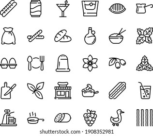 Food line icon set - plate spoon fork, bread, cafe shop, rice bowl, basil, olives, olive oil, salami, hot dog, baguette, goose, julienne, turkish coffee, pan, knife board, egg stand, cocktail, soda