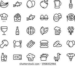 Food line icon set - plate spoon fork, burger, bread, french fries, fish, lobster, chef hat, champagne, wine glass, cheese, goose, coffee pot, cooking pan, knife, microwave oven, egg, stand, eggs