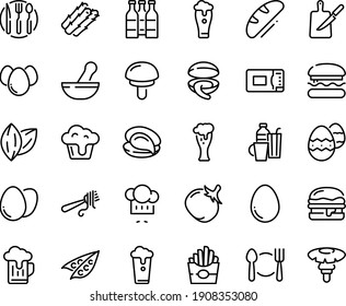 Food line icon set - plate spoon fork, burger, french fries, clam, oyster, chef hat, with pasta, beer glass, knife board, microwave oven, egg, eggs, easter, drinks, bread, cupcake, cup, bottle, peas