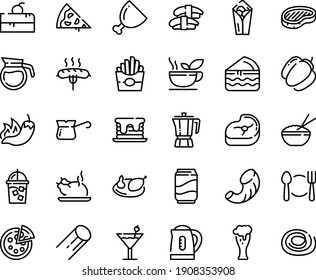 Food line icon set - plate spoon fork, cherry cake piece, pizza, french fries, burito, hot pepper, rice bowl, sashimi, chinese chicken, coffee pot, steak, beer glass, iced, turkish, ham, meat, soda