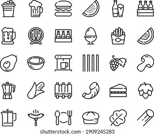 Food line icon set - plate spoon fork, burger, beer, french fries, coffee pot, grape, sausage on, bread, barrel, coffe maker, press, ribs, egg stand, ice bucket, sanwich, pack, box, hop, corn, melon