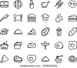 Food line icon set - plate spoon fork, dish dome, meat, burger, burito, pizza piece, lunch box, chinese pasta, sashimi, kebab, chef hat, sausage on, french hot dog, ham, steak, chicken leg, knife