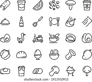 Food line icon set - plate spoon fork, coffee to go, salad, tea ceremony, oyster, salami, fried chicken, goose, bbq, whisk, dish dome, egg stand, eggs yolk, omelette, green, champagne, paper cup
