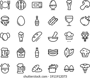 Food line icon set - plate spoon fork, beer, bread, french fries, clam, lobster, chef hat, sausages, mug, glass, champagne, wine, cooking pan, knife, microwave oven, egg, stand, eggs, timer, cupcake