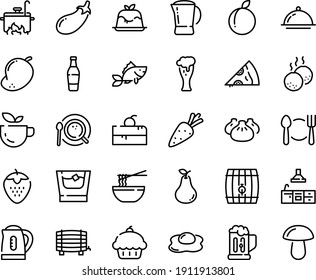 Food line icon set - plate spoon fork, cherry cake piece, cupcake, green tea, pizza, dim sum, funchose, panna cotta, beer glass, coffee top view, pot, fish, meatballs, kitchen, dish dome, cooking