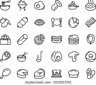 Food Line Icon Set - Plate Spoon Fork, Pizza, Fried Chiken Leg, Rice Bowl, Funchose, Gunkan, Sausages, Bread, Ham, Burger, Sausage, Donut, Cheese, Julienne, Meat, Cutlet, Sowbelly, Bbq, Ladle, Morel