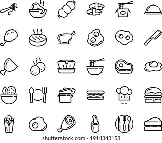 Food line icon set - plate spoon fork, dish dome, salad, meat, sandwich, burito, fried chiken leg, lunch box, octopus soup, chinese pasta, funchose, sashimi, chef hat, with, ham, omelette, burger