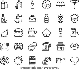 Food line icon set - plate spoon fork, cupcake, cafe, milk bottle, burger, sausage on, dim sum, lemoncello, panna cotta, wine, bakery, pancakes, coffee cup, mill, turkish, bootle and pack, steak