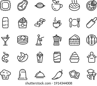 Food line icon set - plate spoon fork, green tea, french fries, burito, hot dog, shrimp, pizza, ravioli, cupcake, pancakes, coffee pot, cutlet, steak, dish dome, knife, apron, cocktail, soda, tap