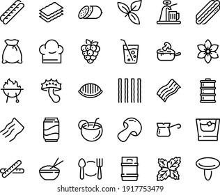 Food line icon set - plate spoon fork, rice bowl, basil, salami, hot dog, baguette, julienne, turkish coffee, sowbelly, bbq, chef hat, soda, coconut cocktail, glass, whiskey, flour bag, beer keg