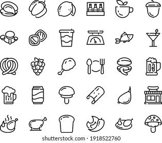 Food line icon set - plate spoon fork, coffee to go, green tea, cafe shop, fried chiken leg, fish, clam, oyster, pretzel, acorn, chicken, kitchen scales, cocktail, soda, beer mug, bread piece, pack