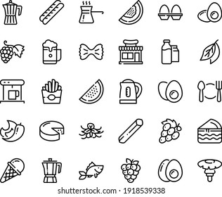 Food line icon set - plate spoon fork, french fries, cafe shop, ice cream, coffee pot, grape, baguette, cheese, coffe maker, milk bootle and pack, fish, egg stand, eggs yolk, turkish, kettle, melon