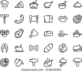 Food line icon set - plate spoon fork, pizza, sausage on, piece, rice bowl, dim sum, sushi roll, chinese chicken, chef hat, omelette, pate can, fried, dish dome, julienne, ham, fish steak, leg, pan