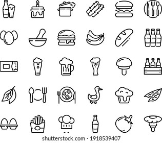 Food Line Icon Set - Plate Spoon Fork, Burger, French Fries, Chef Hat, Beer Glass, Cheese, Goose, Cooking Pan, Knife, Microwave Oven, Egg Stand, Eggs, Bread, Cupcake, Cake, Bottle, Box, Bottles