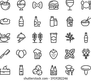 Food line icon set - plate spoon fork, cherry cake piece, milk bottle, rice bowl, lobster, wine, ketchup, burger, glass, dish dome, ice cream, iced coffee, to go, bootle and pack, chef knife, eggs