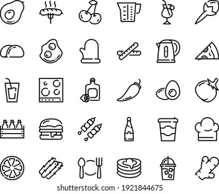 Food line icon set - plate spoon fork, coffee to go, drink, pizza piece, lemoncello, omelette, burger, beer box, pancakes, iced, irish, kebab, sausage on, chef hat, cooking glove, kettle, beaker