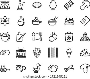 Food line icon set - plate spoon fork, bread, cafe shop, ice cream horn, rice bowl, tea ceremony, olives, olive oil, salami, meringue, goose, julienne, sowbelly, meatballs, pan, knife board, mint